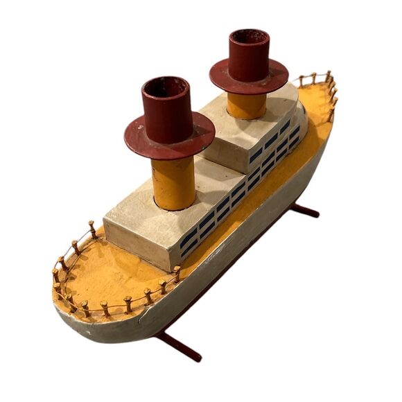 Yellow and White Wood and Metal Boat Decor with Candle Holders - Picture 3 of 7